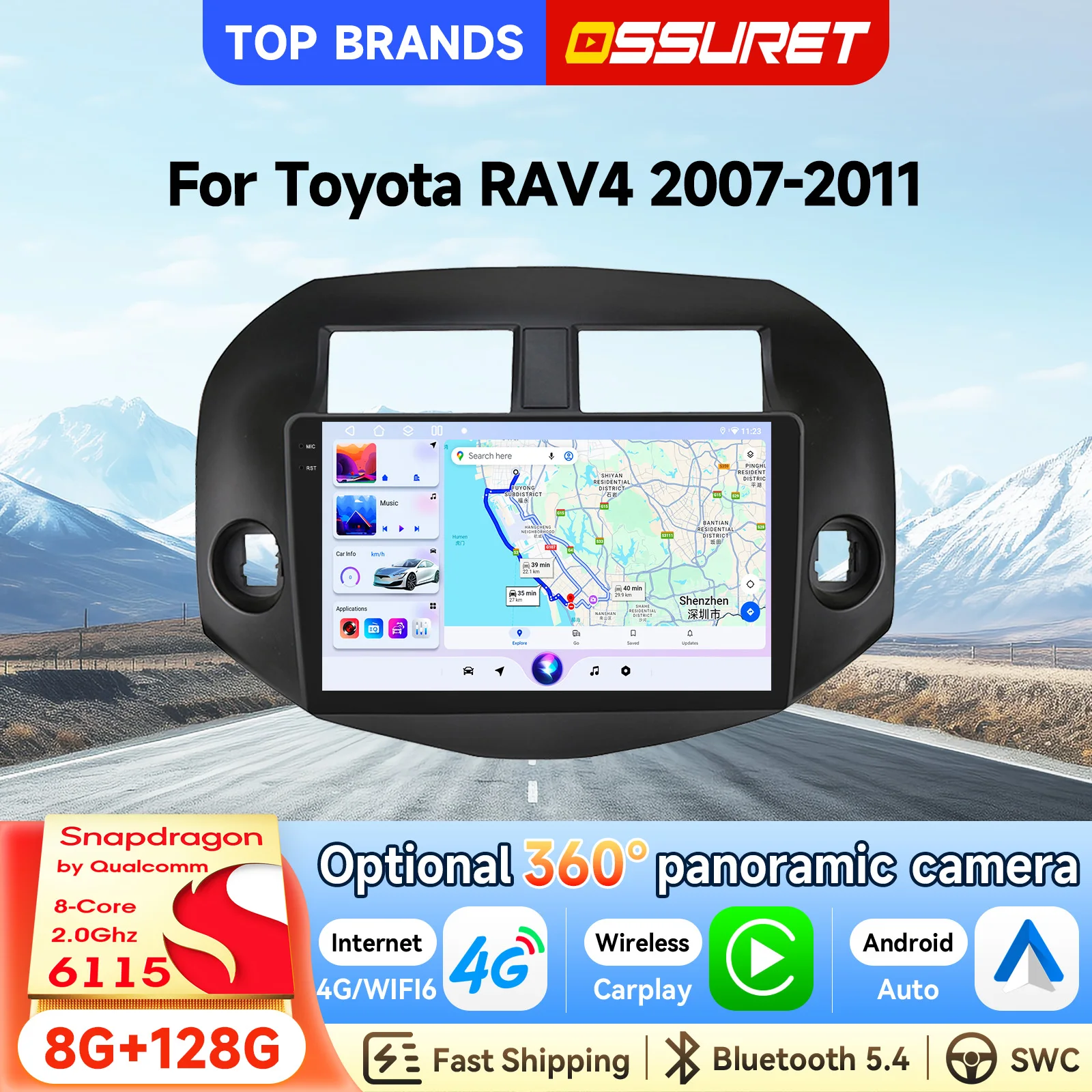OSSURET Bestseller 10,1 Zoll 2-DIN-Headunit Android 14 Autoradio für Toyota RAV4 2007-2011 mit Qualcomm Snapdragon 6115 Octa-Core GPS-Navigation Bluetooth Freisprecheinrichtung SWC Wireless Carplay
