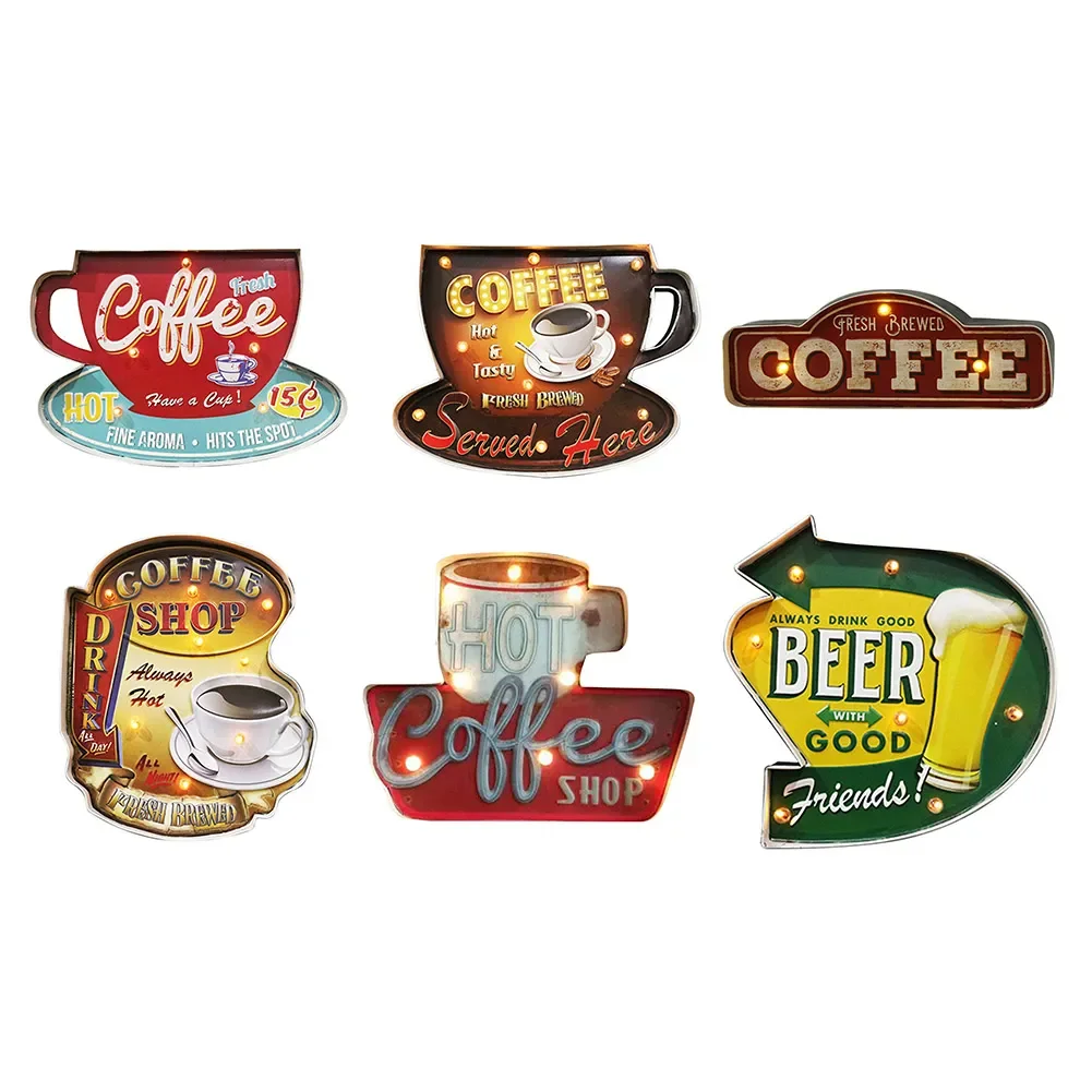 

LED Glowing Sign Retro Iron Coffee Style Light Up Signs Battery Powered Advertising Luminous Sign Practical Durable for Cafe Bar