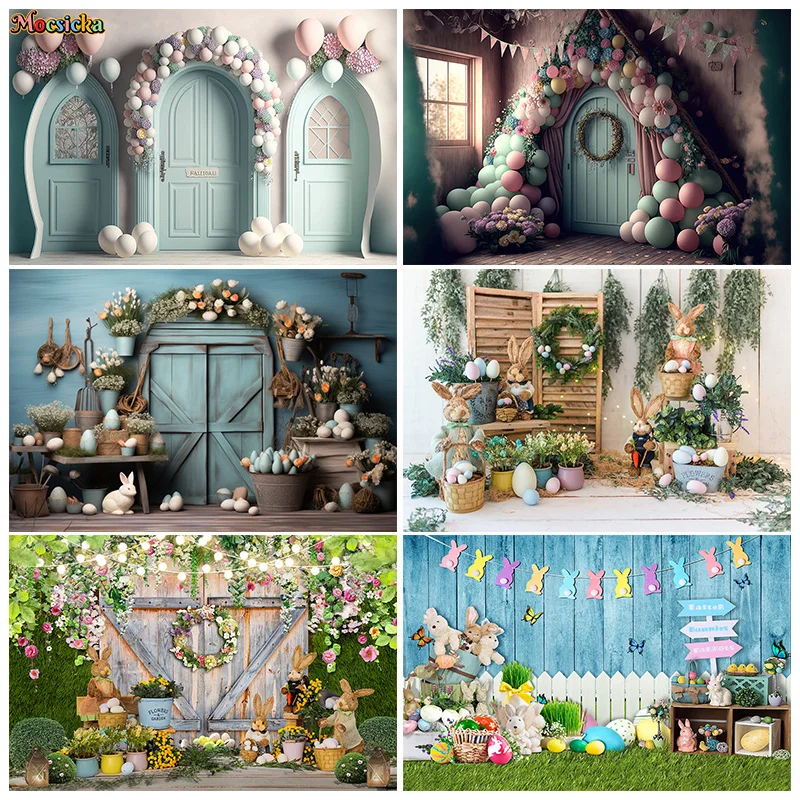 

Spring Easter Photography Backdrop Newborn Birthday Party Bunny Eggs Floral Boardwalk Background Kid Portrait Banner Studio