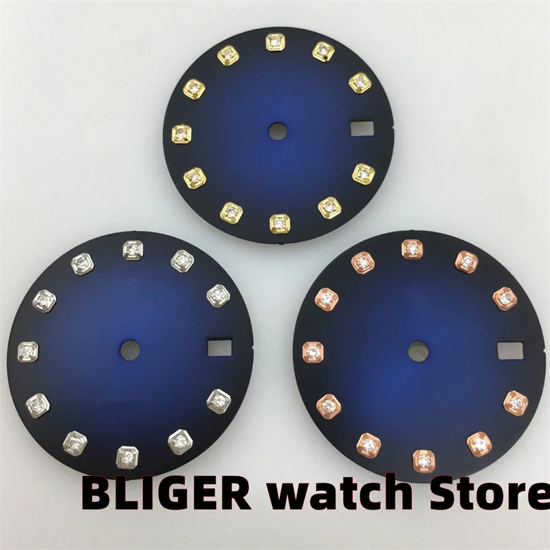 BLIGER Części do zegarków Zegarek 29 mm Diamentowa tarcza indeksująca Czarna, biała, niebiesko-zielona tarcza pasuje do mechanizmu automatycznego NH35A NH36A