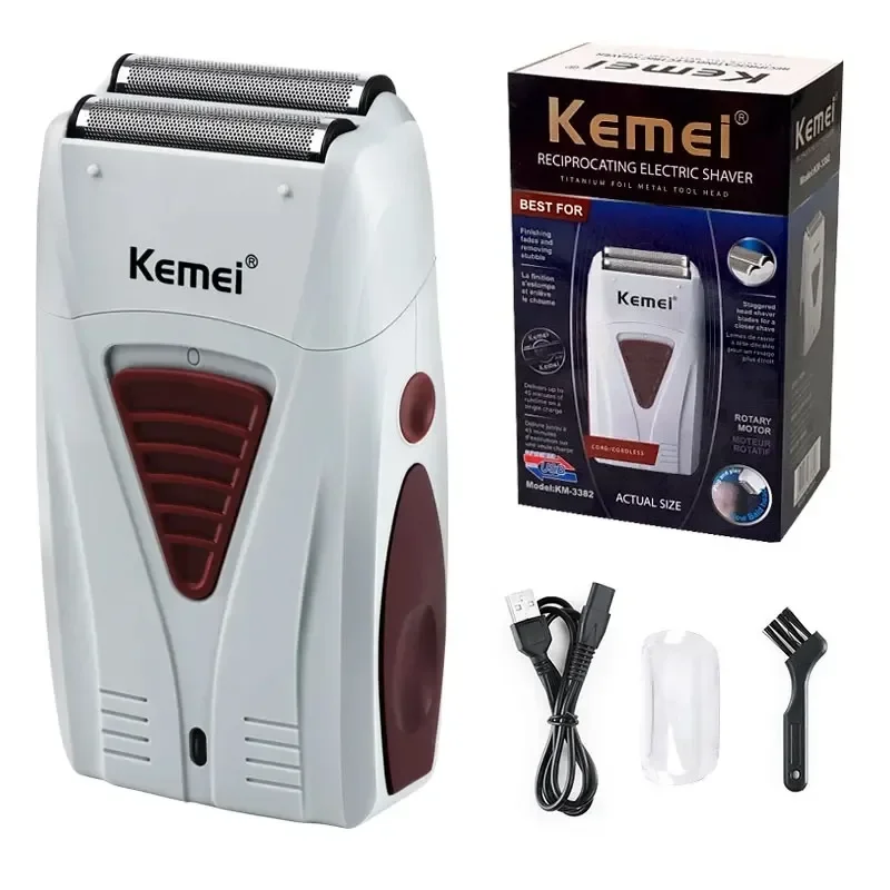 

Электробритва Kemei 3382 USB, беспроводная, перезаряжаемая, с сетчатой головкой, для бритья бороды, профессиональная, для мужчин
