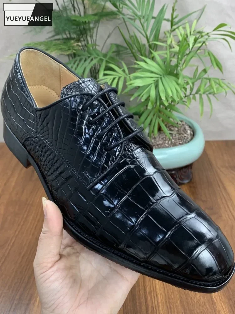 High Quality Mens Business Work Crocodile Genuine Leather Shoes Handmade Autumn Lace Up Block Heels Groom Wedding Dress Shoes