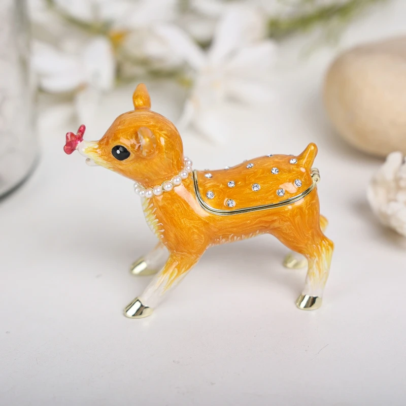 SHINNYGIFTS Hand Painted Enamel Deer Trinket Box Hinged Unique Jewelry Storage Box, Figurine Collectible Home Decor