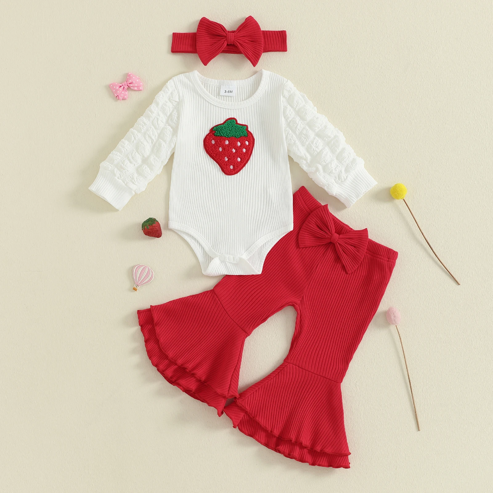Baby Girl Fall Outfits Strawberry Embroidery Bubble Long Sleeve Romper with Solid Flare Pants Bow Headband 3 Pcs Set