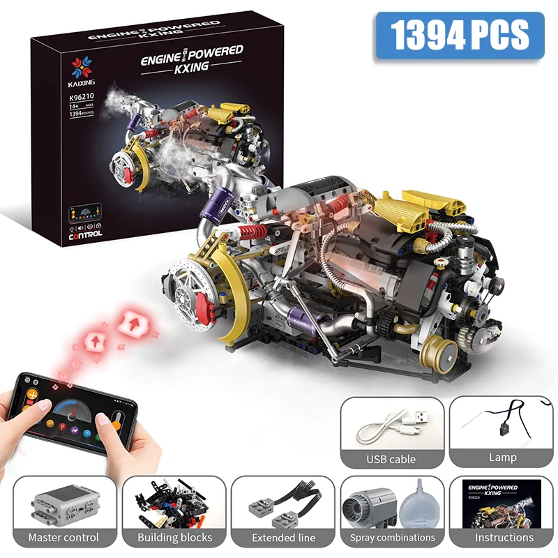 

1394Pcs Technical Car Part Building Block The Motorzed V8 Engine Model Set With LED Light Assembly Brick Toys Kid Christmas Gift