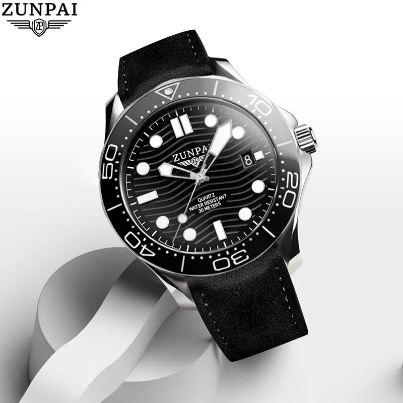 ZUNPAI Original Watch for Men Waterproof Sport Fashion Leather Strap Black Luminous Analog Baterai Quartz Wristwatches