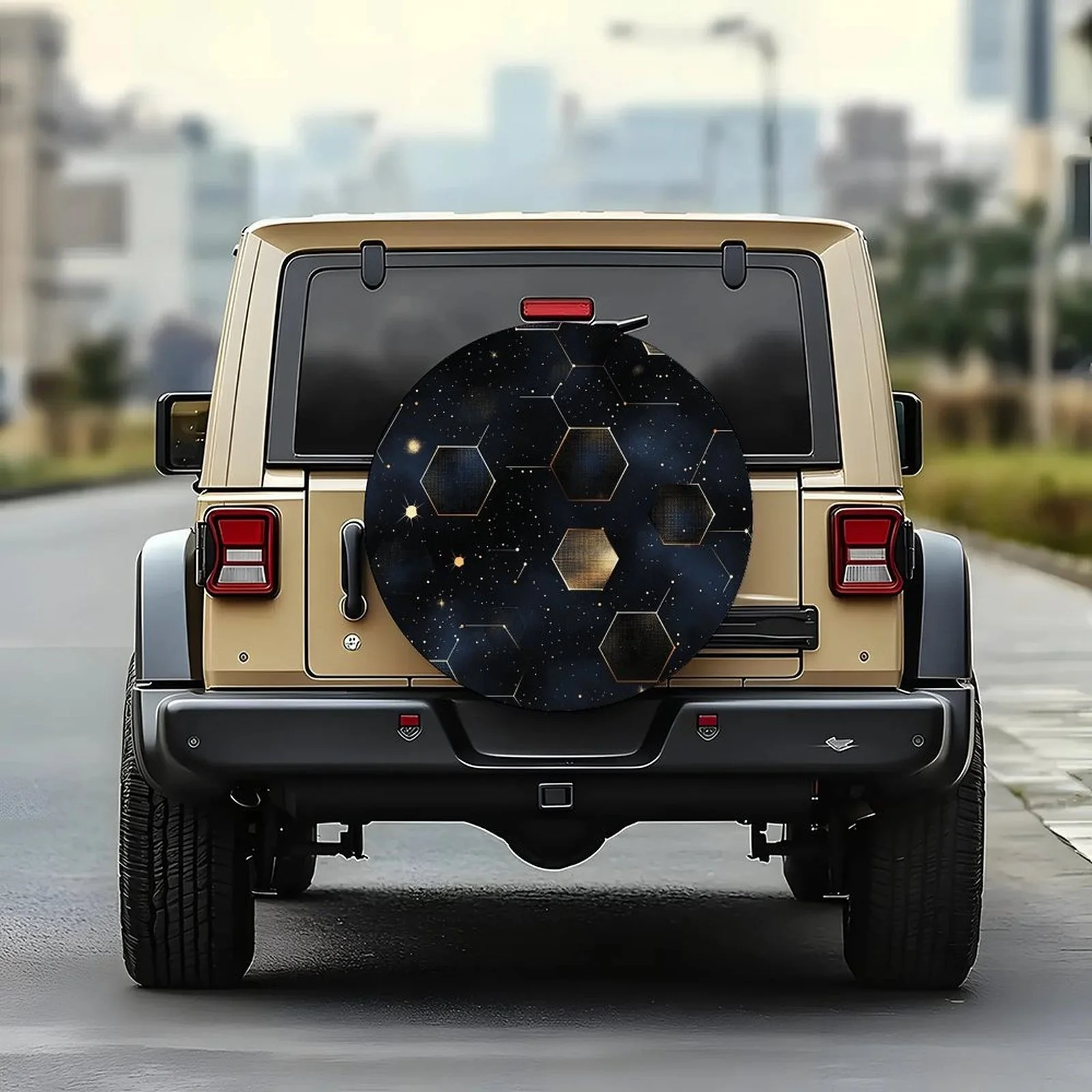 Golden Hexagons Galaxy Tire Cover Polyester Spare Wheel Protector Universal Fit