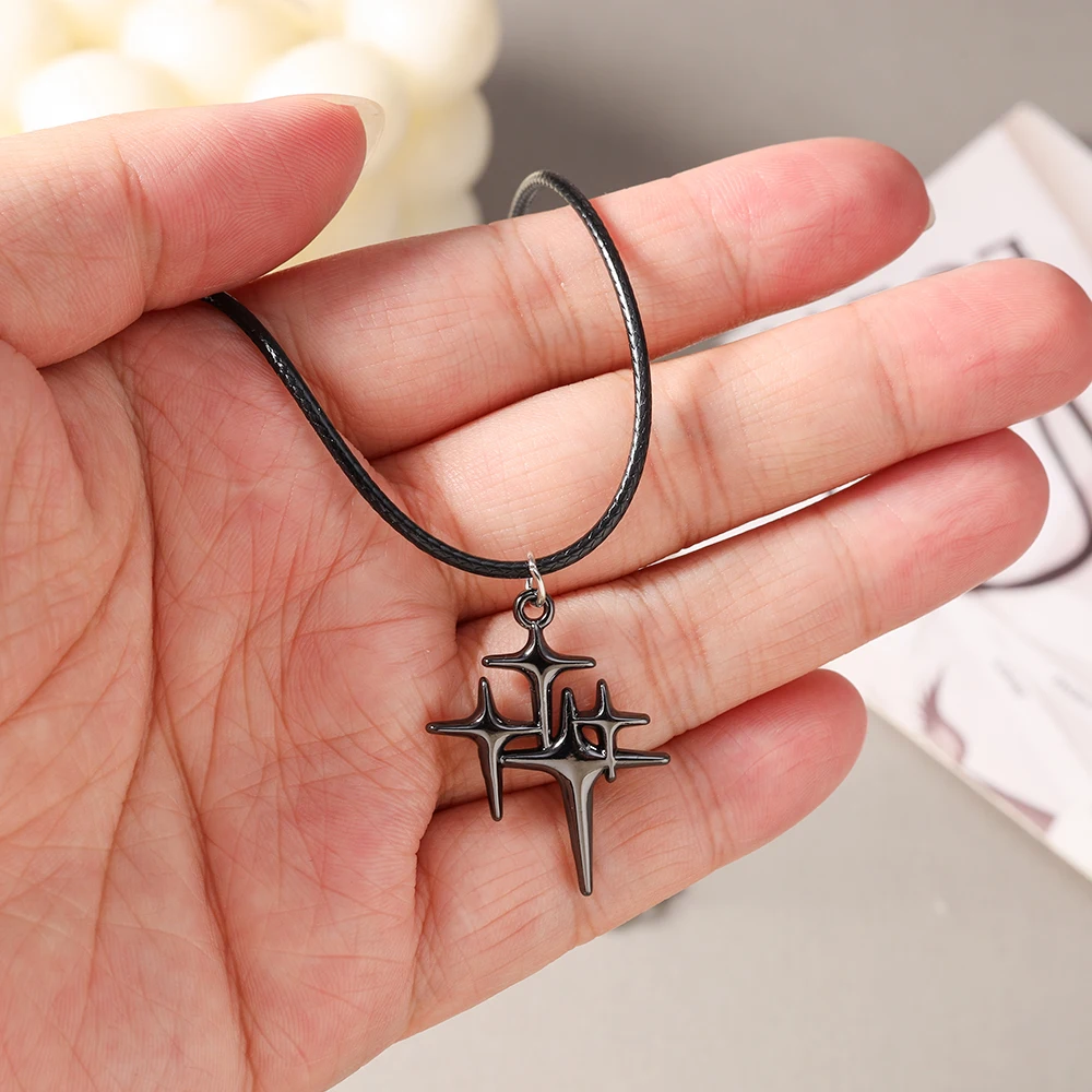 Aihua Hip-Hop Halskette mit Sonne-Mond-Stern-Anhänger in Gunmetal-Schwarz für Damen und Herren, Punk-Stil mit schwarzem Seilband, Y2K-Party-Schmuckgeschenke – Detail 9