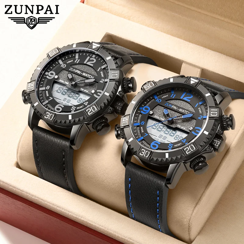 ZUNPAI Men\'s Watch Waterproof Stainless Steel Quality Leather Sports Watches Men Multifunction Chronograph Analog LED Wristwatch