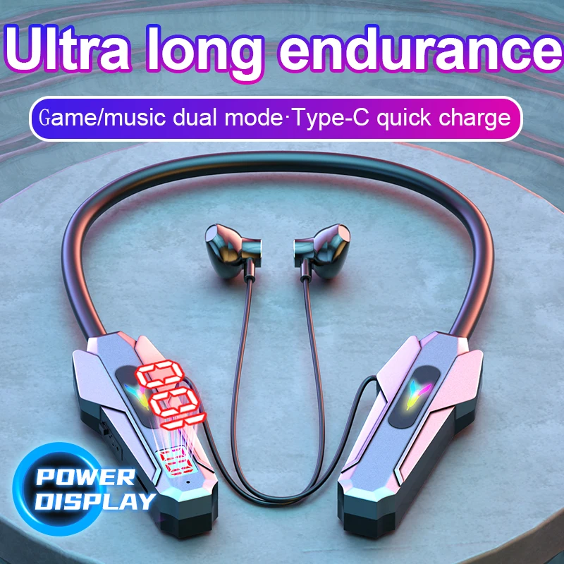 Long-lasting Wireless Bluetooth Earphones Neckband LED Display Gaming Headphones Waterproof Sport Magnetic Headsets with HD Mic