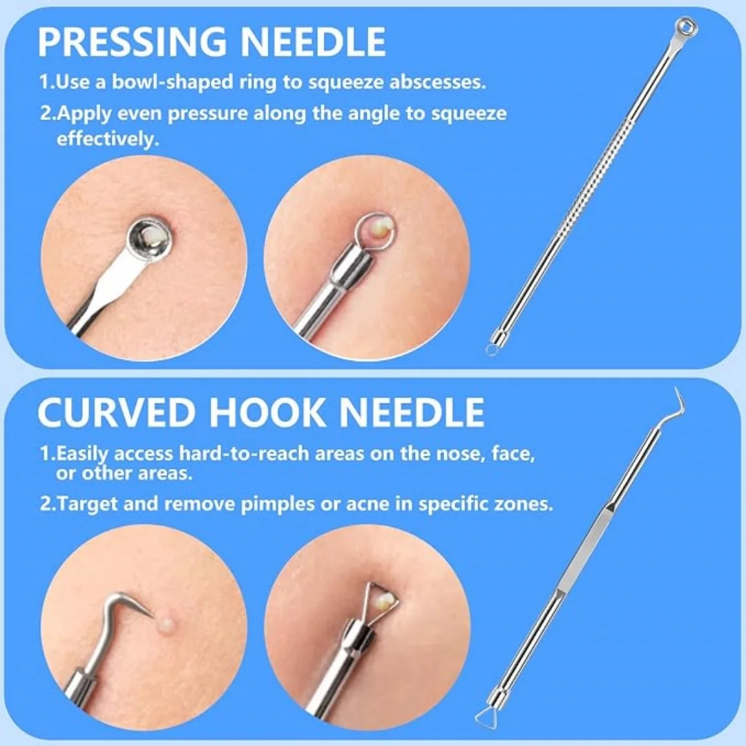 5PCS Blackhead Remover Comedone Extractor Kit | Professional Stainless Steel Tools for Pimple, Acne, and Blemish Removal - Curved Tweezers Included