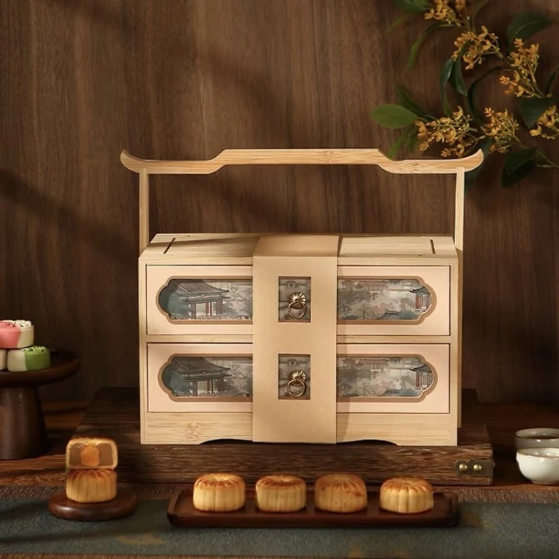 

Wooden Mid-Autumn Festival Mooncake Box Portable Double-layer Packaging Box, Dim Sum Gift Box