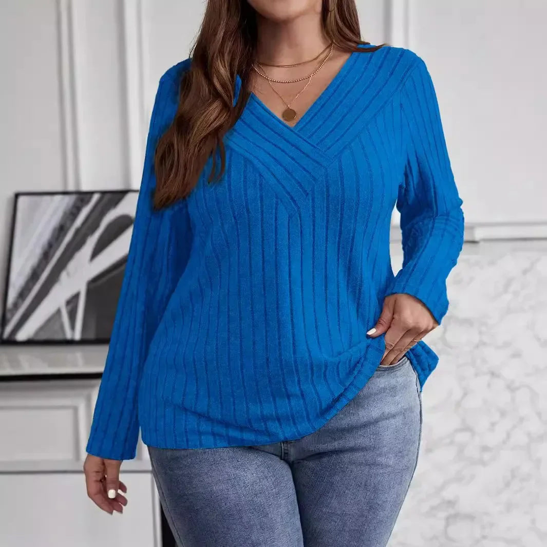 Plus Size Women's Fashionable Solid Color 1XL-5XL Sweater Pullover Tops Women's Cross V-neck Long Sleeved Pullover Sweater