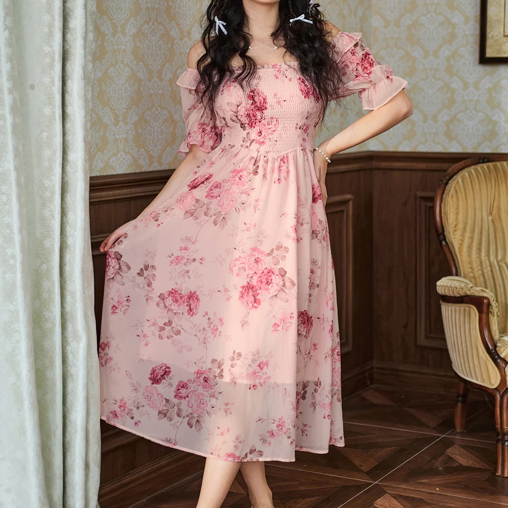 SD Women Renaissance Chiffon Dress Lolita Short Sleeve Square Neck Midi A-Line Casual Temperament Lady Elegant Fashion Dress