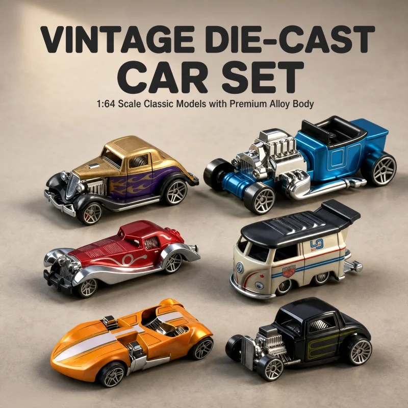 6 Pieces Retro Modification Alloy Car Set, Pull Back Miniature Vehicle Kit, Retro Old Car and Hot Rod Model Toy, Suitable for Co