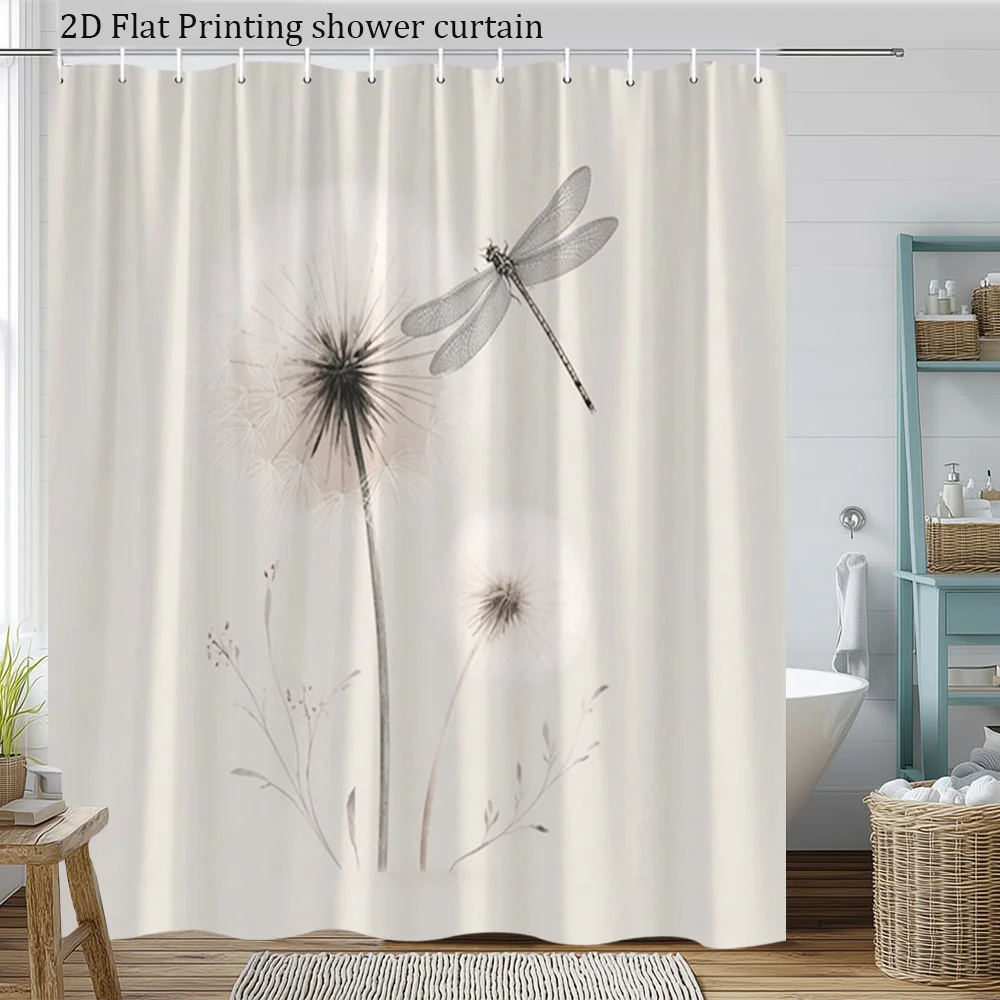 2D Flat, [2D Flat Printing] 1pc Elegant Dragonfly And Dandelion Shower Curtain Soft Colorful Floral Design Polyester Fabric Bath