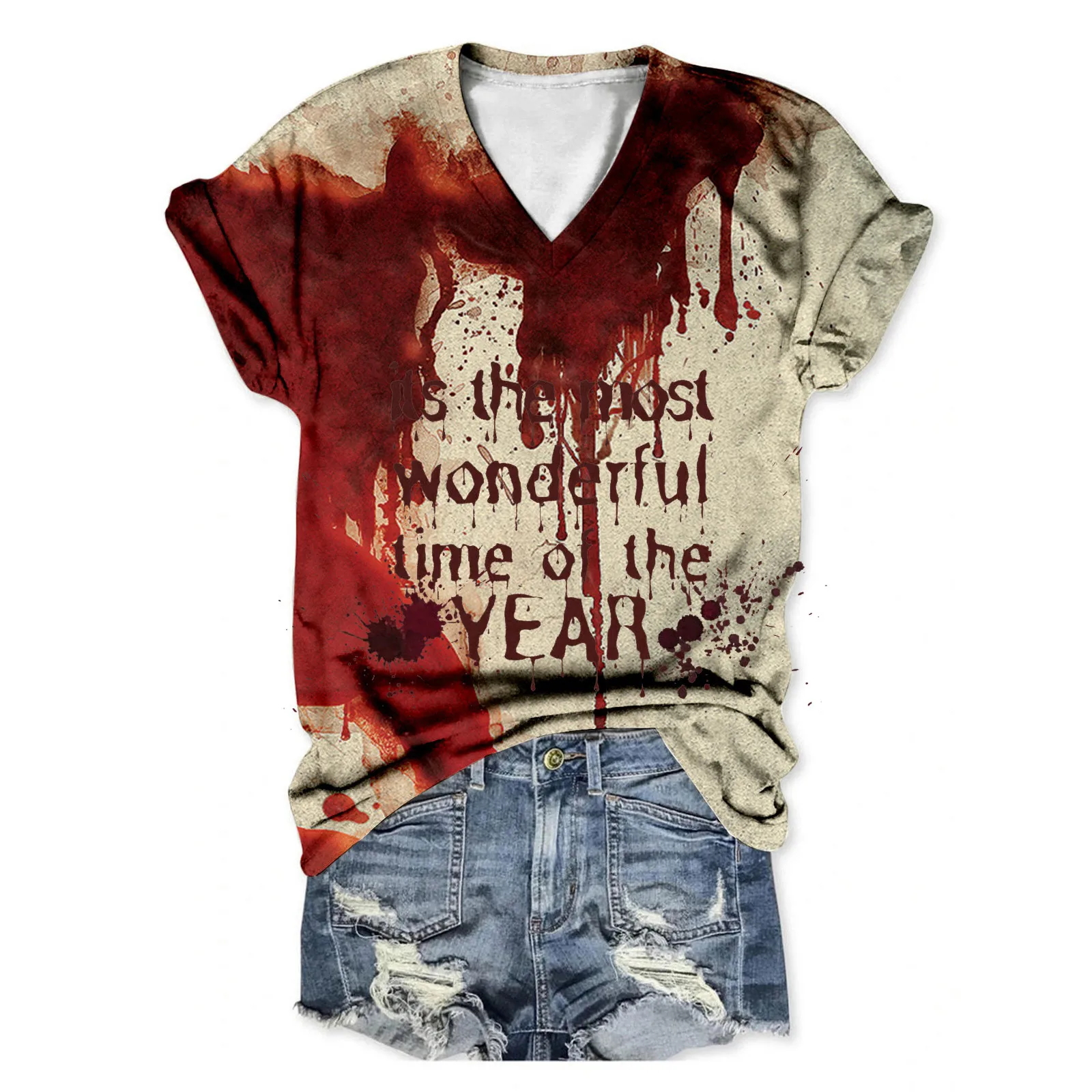 I Am Fine Blutige Schrift Handprints T-Shirt Halloween V-Neck Print Short Sleeve T-Shirt Holiday Party Distressed Bloody T-Shirt