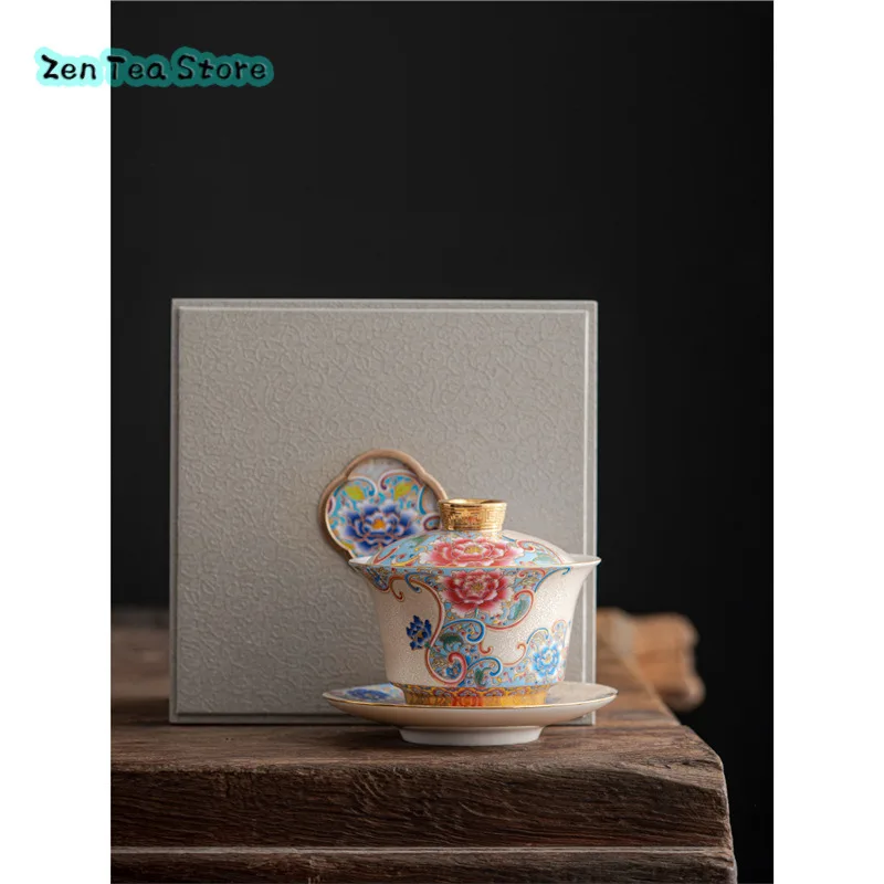 Hand-cut Silk Silver Three Cover Bowl Teacup Household Ceramic Kung Fu Tea Set Gold Enamel Color Tea Bowl Gift Box