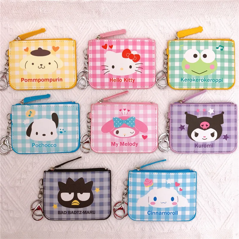 Sanrio Storage Bag Plaid Series Multifunctional Hello Kitty Student Meal Card Bus Card Holder Coin Purse with Keychain Pendant