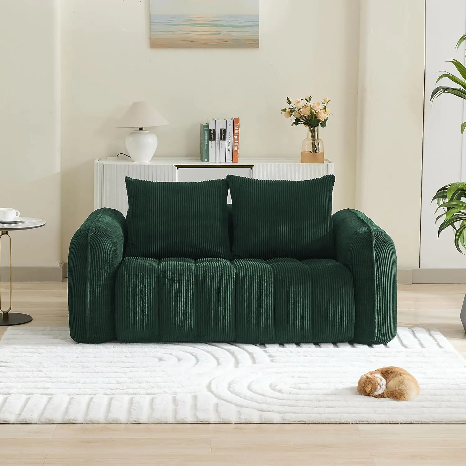 #Deep Seat Loveseat Rounded Armrest Upholstered Cloud Living Room Bedroom Corduroy White