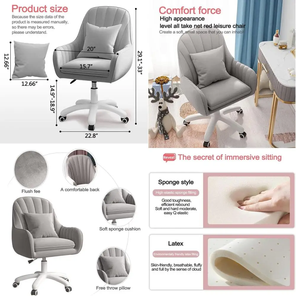 

Grey Ergonomic Swivel Task Chair with Upholstered Back, Height Adjustable Velvet Office Chair