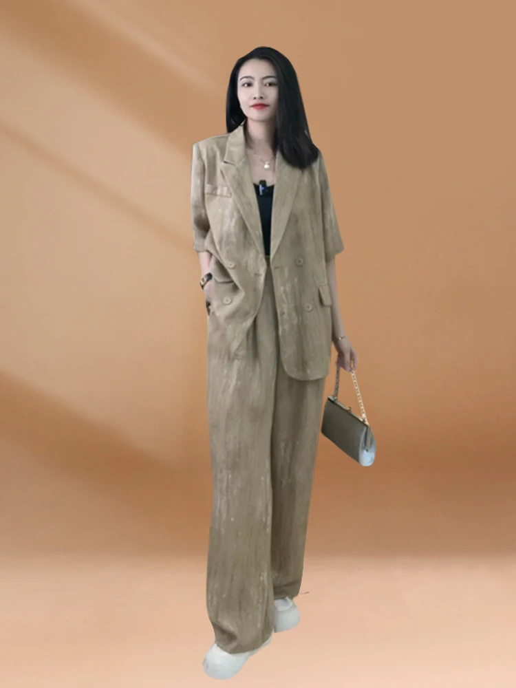 Women's Summer 2024 Fashion Texture Casual Suit Set Two-Piece Thin Outerwear Jacket And Pants V-Neck Button-Up Long Sleeve