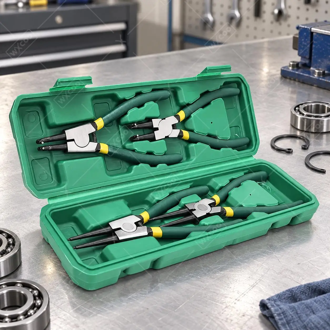 WXCOO 4 Pieces 7 Inch Internal External Straight Bent Jaw Snap Ring Pliers Set Circlip Remover Tool Non Slip for Bearing Shaft