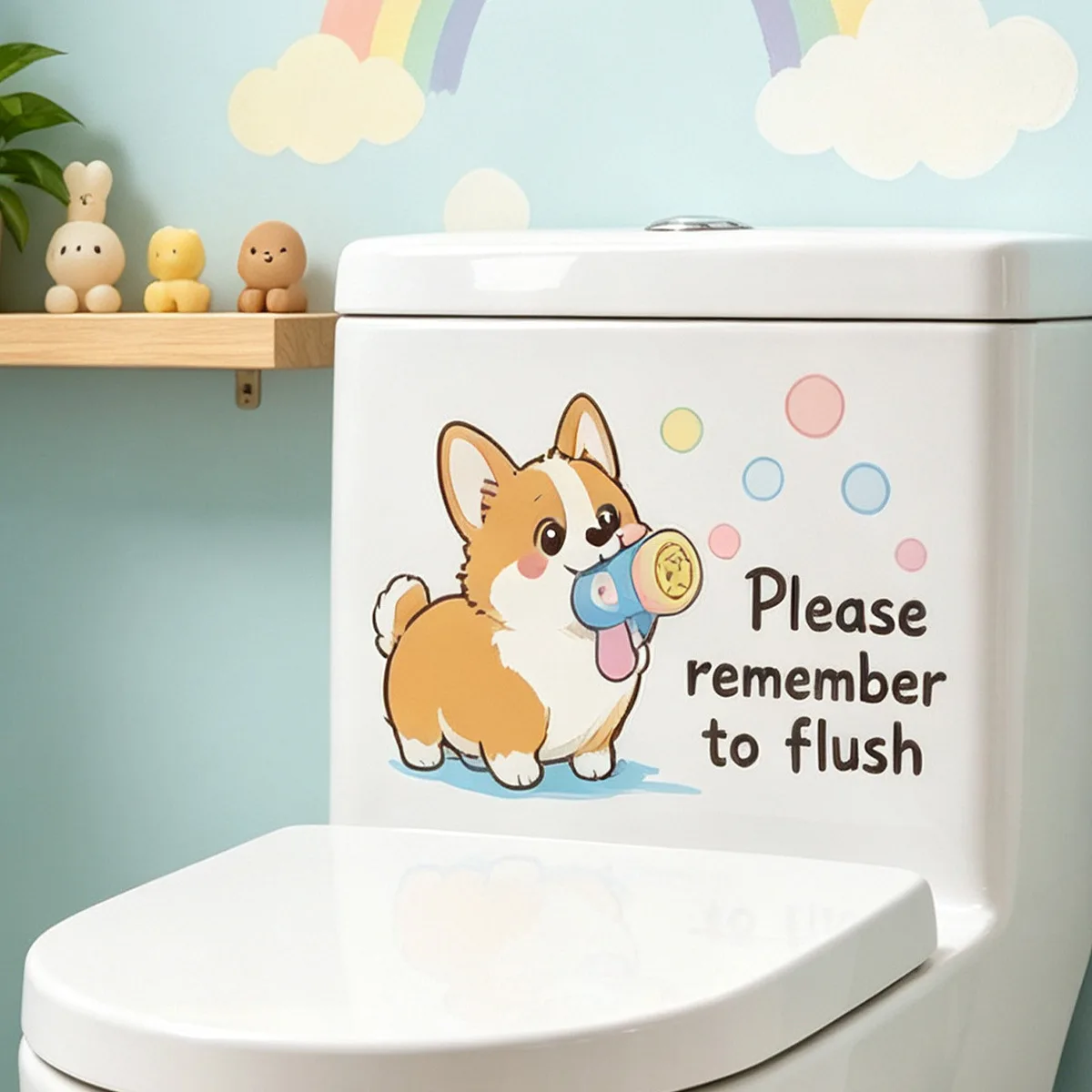 Cute Cartoon Corgi Toilet Lid Sticker Funny Kids Prompt Decal Waterproof Bathroom Restroom Toilet Cover Decor Sticker