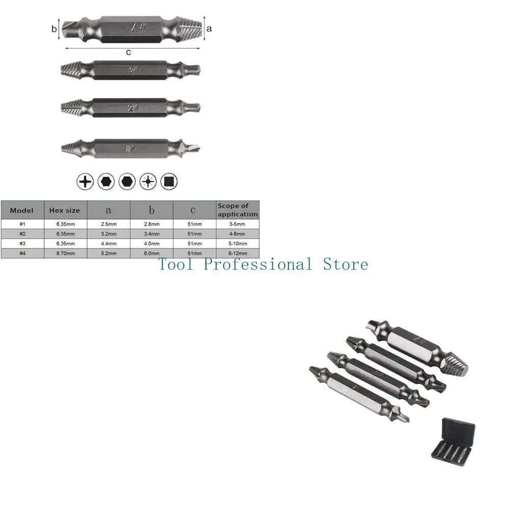 57QF 4 Pieces Broken Bolt Screw Extractor for House Construction Work Stripped Screw Extractor Corrosion Resistance