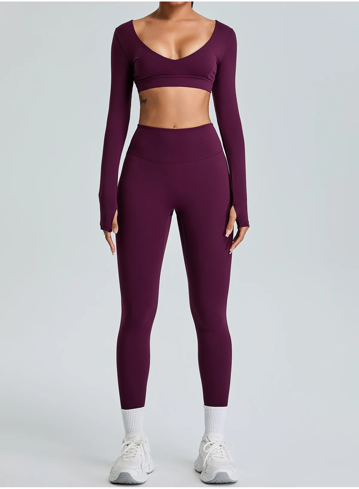 2PCS Langarm Gym Set Frauen Yoga Kleidung V-ausschnitt Sport Top Pfirsich Hüfte Heben Hohe Taille Leggings Kurze Fitness workout Anzug