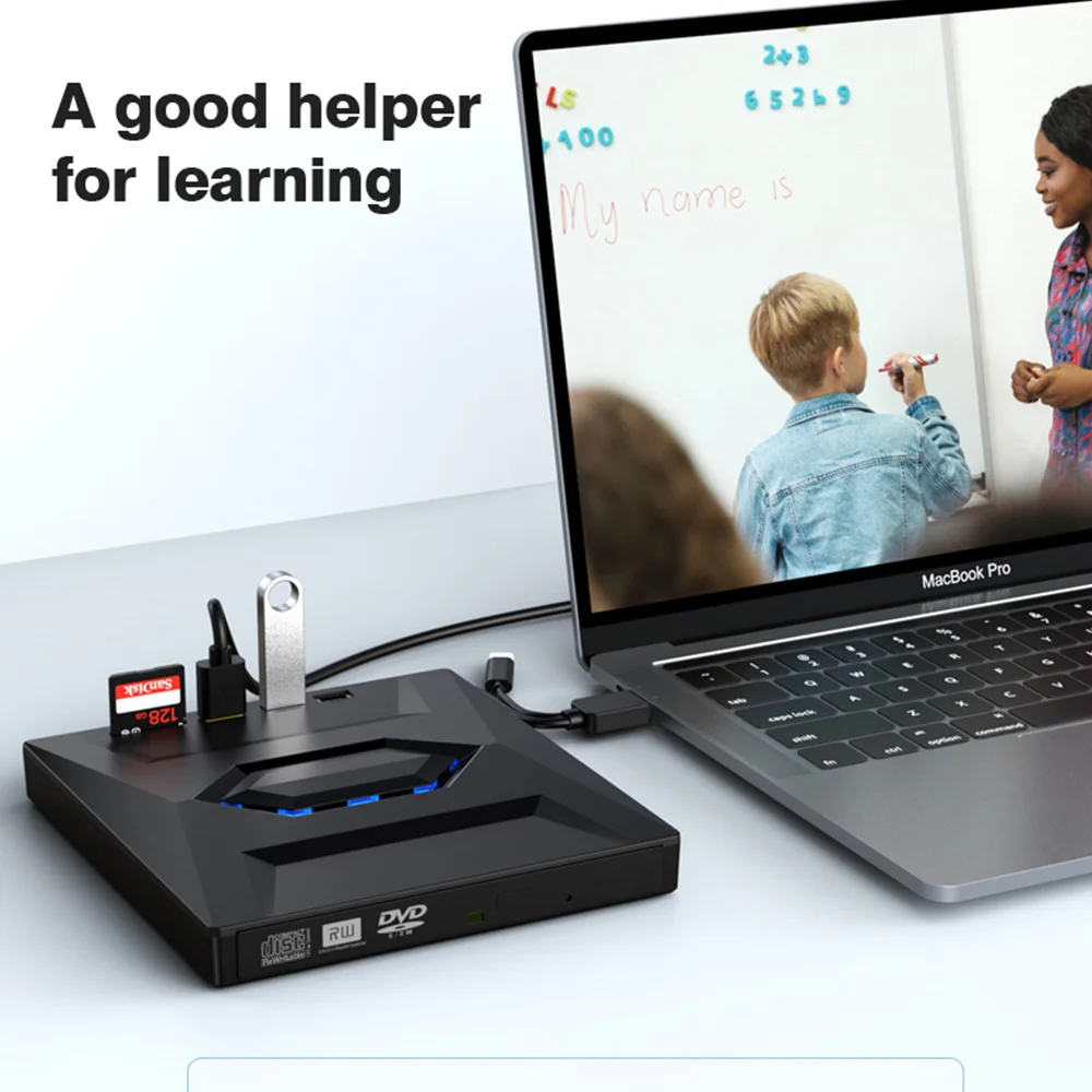 محرك أقراص CD/DVD خارجي USB 3.0 Type C مع منفذ بطاقة TF/SD DVD Burner محرك الأقراص الضوئية لأجهزة الكمبيوتر المحمول سطح المكتب Mac Windows 11/10/8