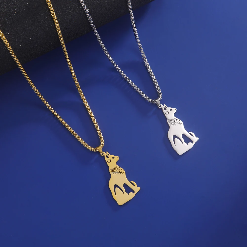 LIKGREAT Anubis Dog Cat Ancient Egyptian Ankh Cross Pendant Necklace Stainless Steel Men Goddess Cat Bastet Eye of Horus Amulet