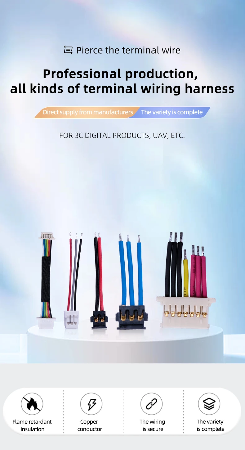 Specializing in the production and customization of different terminal wiring harness, used for 3C data products, drones, etc