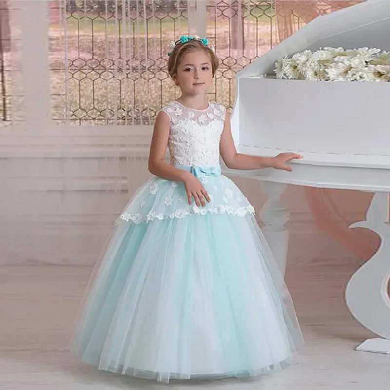 Vestido menina flor com cordões, azul claro branco, contraste princesa, menina, festa de aniversário, primeira comunhão, vestido de casamento