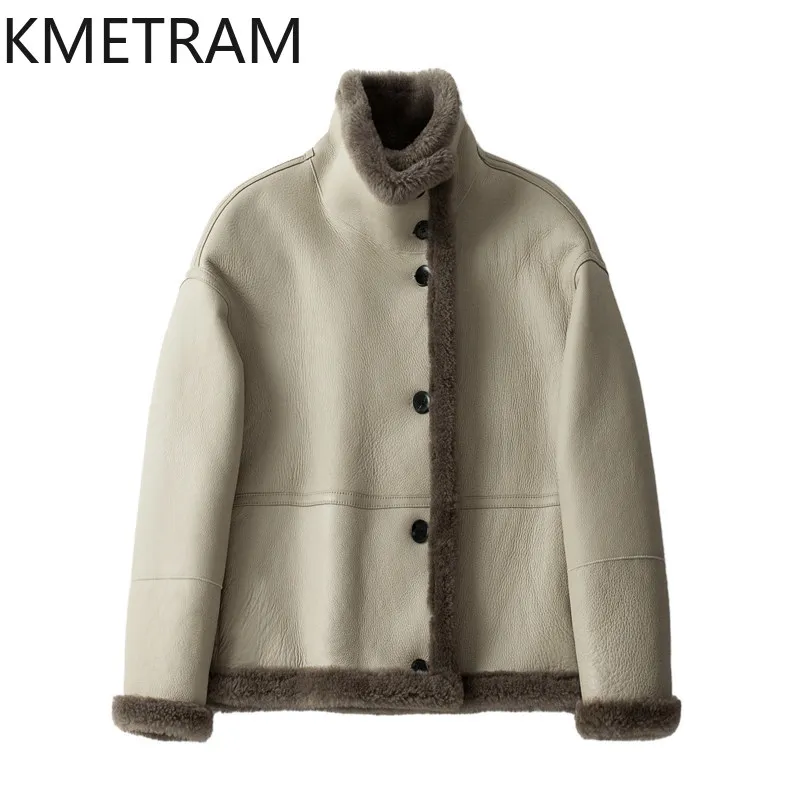 KMETRAM 천연 메리노 양가죽 울 부착 코트 여성용 스탠드 칼라 짧은 리얼 퍼 재킷 2026 겨울 여성 의류