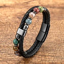 YAN MIN-pulsera de piedra de ojo de tigre redonda Natural para hombre y mujer, accesorios de joyería magnéticos de acero inoxidable, regalo masculino