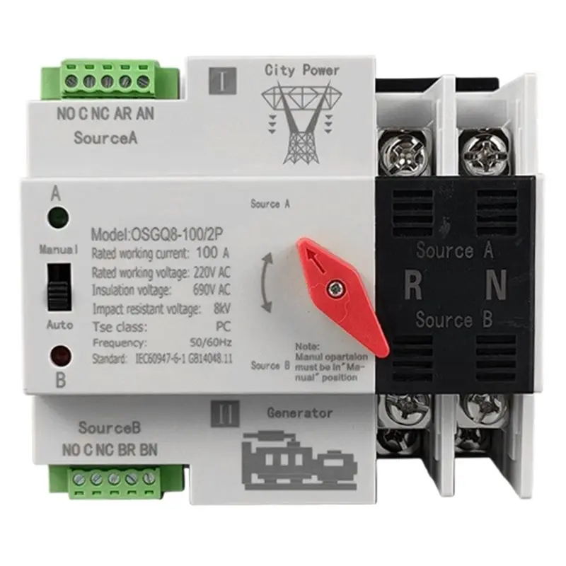 

ABIJ-Small ATS Automatic Transfer Switches 100A/125A 2P Dul Power Changeover Switches DIN Rail Mount Controller Enduring EU Plug