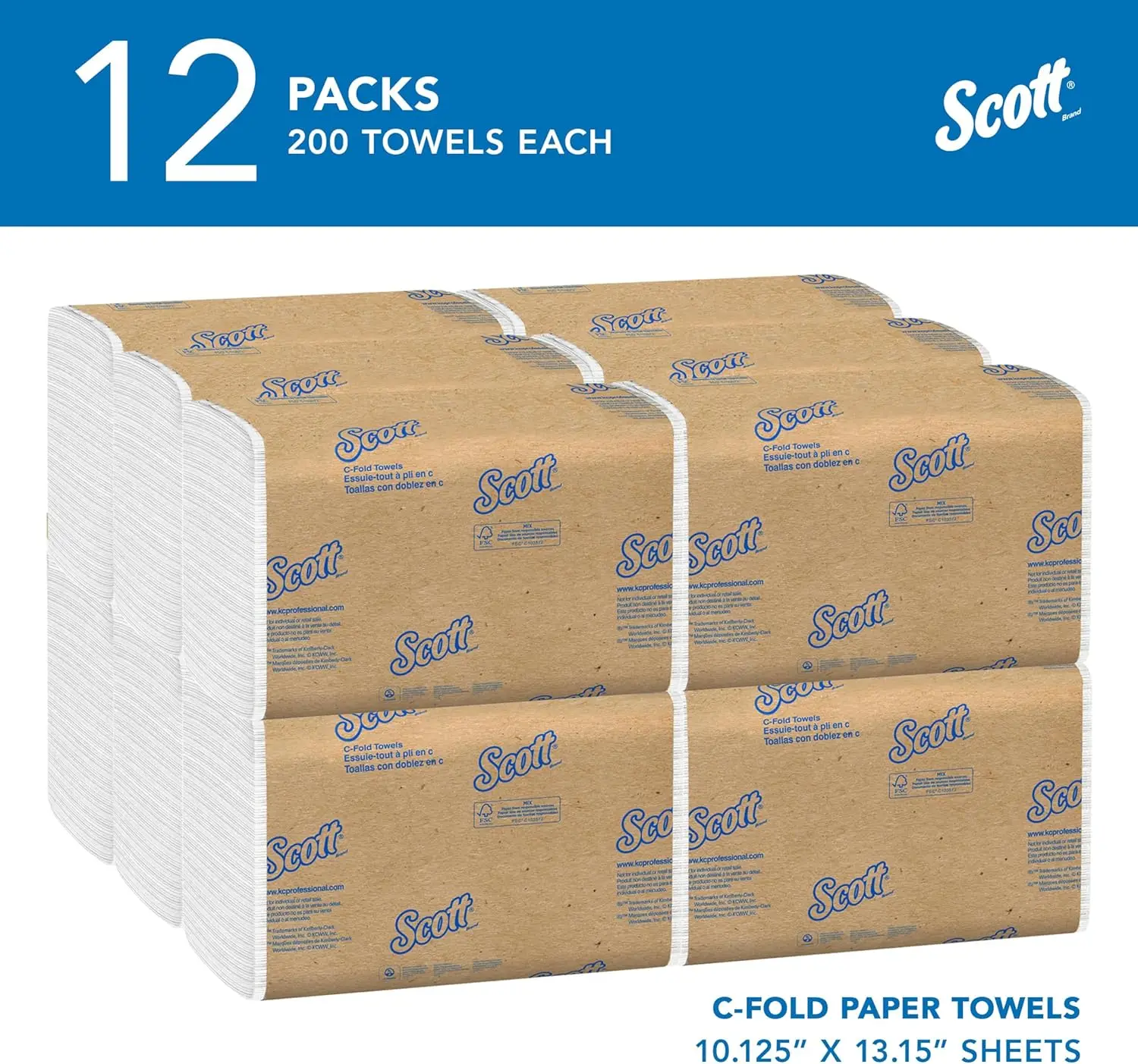 Professional C-Fold Paper Towels, Fast-Drying Absorbent Pockets, 13.15x10.125 Inches, White (200 Sheets/Pack, 12 Packs/Case)