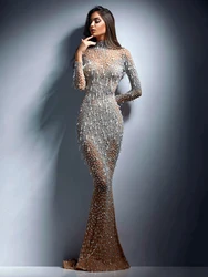 Sexy Pearl Sequin Evening Dresses Mermaid Long Prom Gown Luxury 2023 Celebrity Pairt With Lace Appliqued Sheath robes de soirée