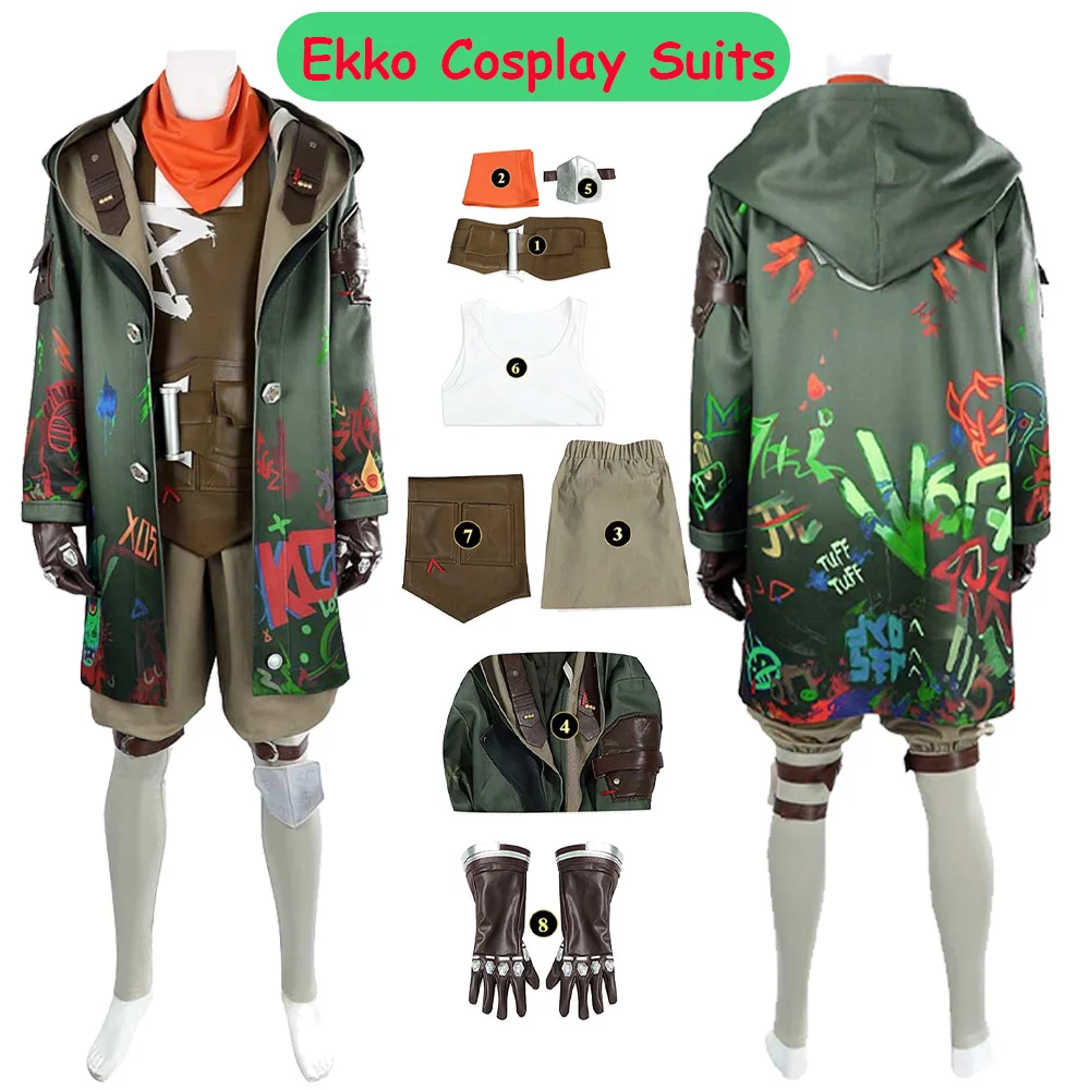 Ekko Cosplay Acrane Costume Game LOL Roleplay Shirt Coat Pants Gloves Clothing Halloween Carnival Party Men Male Fantasy Suit