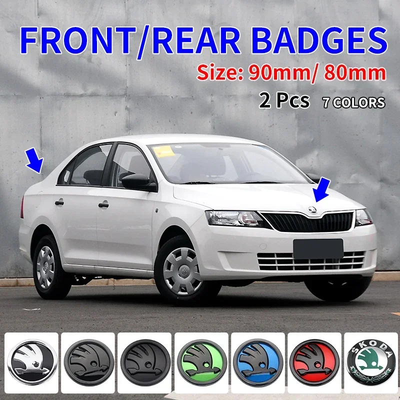 2pcs ABS 80mm/90mm Car Emblem For skoda Fabia Octavia Superb Rapid Yeti Karoq Front Hood Badge Rear Boot Tailgate Stickers Logo