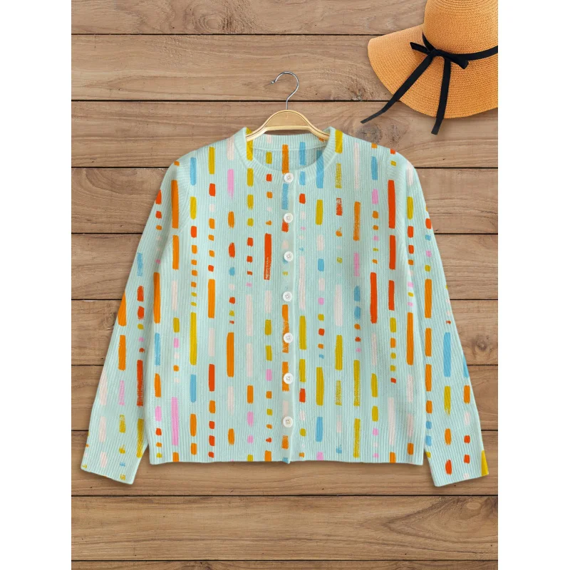 

Green Striped Digital Print Women's Knit Cardigan Thick & Loose Fit Round Neck Long Sleeve Autumn/Winter Casual Style