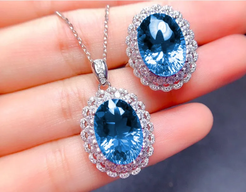 

Fashion White Gold Plated Blue Topaz White Crystal Necklace Open Ring Set