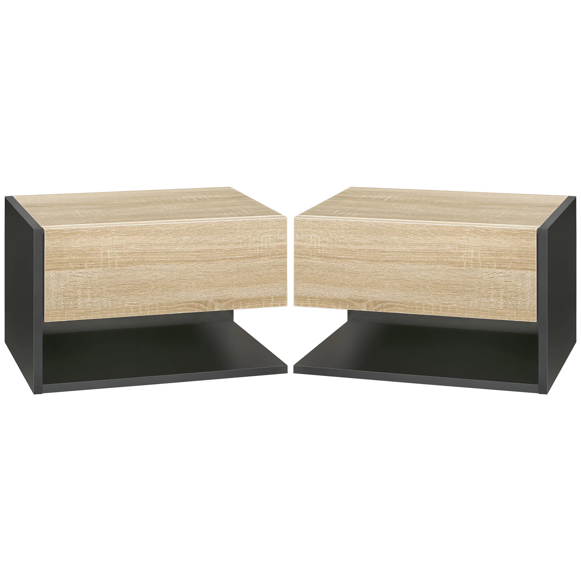 HOMCOM Set di 2 comodini galleggianti comodini sospesi con 1 cassetto e ripiano aperto per camera da letto 46x30x30 cm rovere e nero