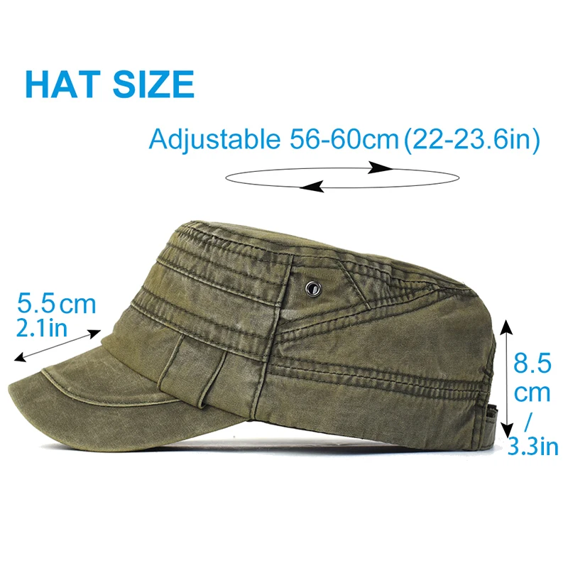 Casual Washed Cotton Flat Top Hat Adjustable Military Caps Men Women Unique Design Vintage Four Seasons