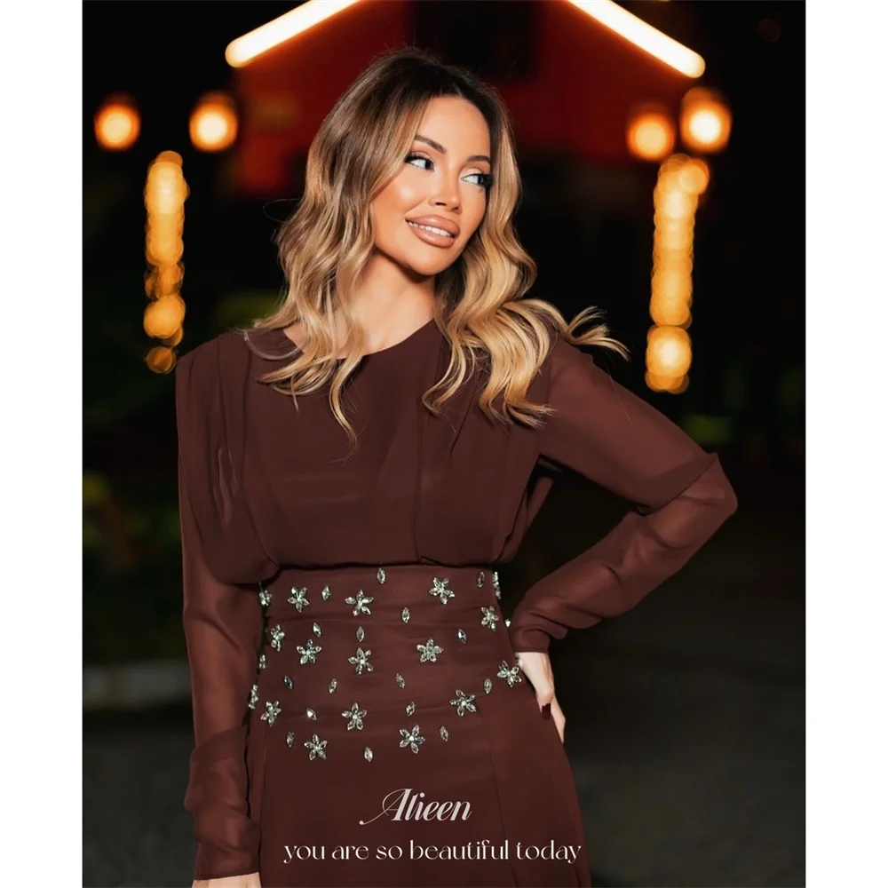 Aileen Chiffon O-Neck brown Straight Long Sleeve Modest Gown Elegant Luxury Formal Women's Ladies New Premium Customized