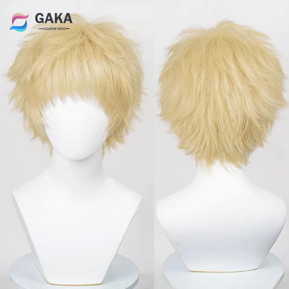 GAKA Men Wig AnimeCosplay Synthetic Short Curly Blonde Yellow Fluffy Hair Heat Resistant Wig for Party