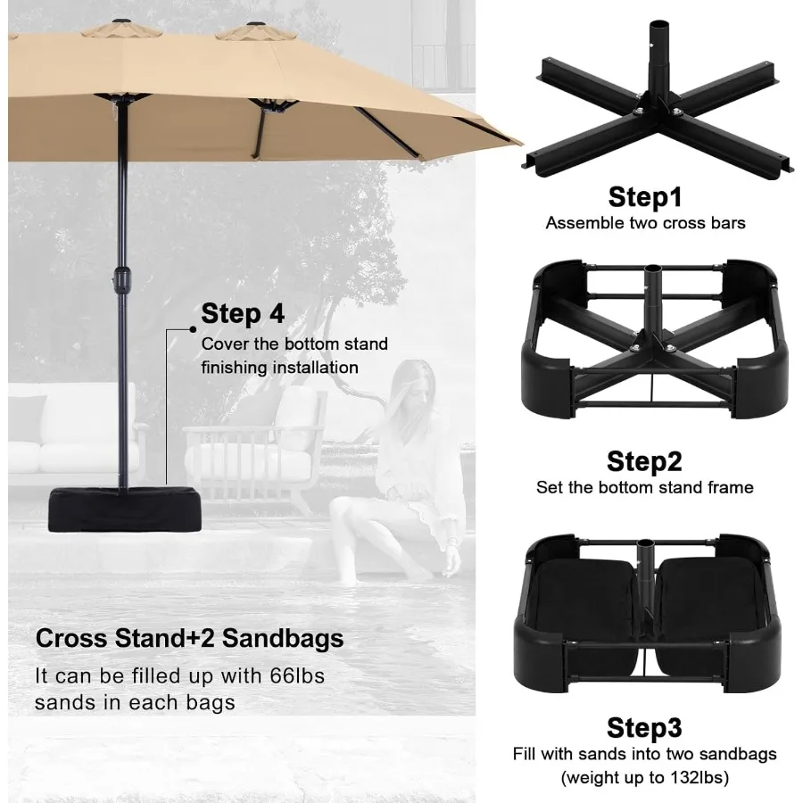 Ombrellone da esterno grande da patio bifacciale da 15 piedi con base resistente per protezione solare e parasole in giardini, cortili e piscine