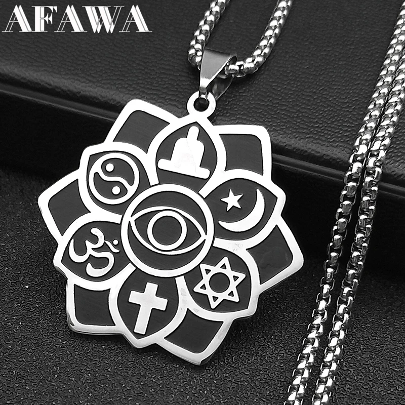 Islam Moon Star YinYang Cross Yoga Star of Davd Necklace for Women Men Stainless Steel 6 Philosophies Lotus Flower Chain Jewelry