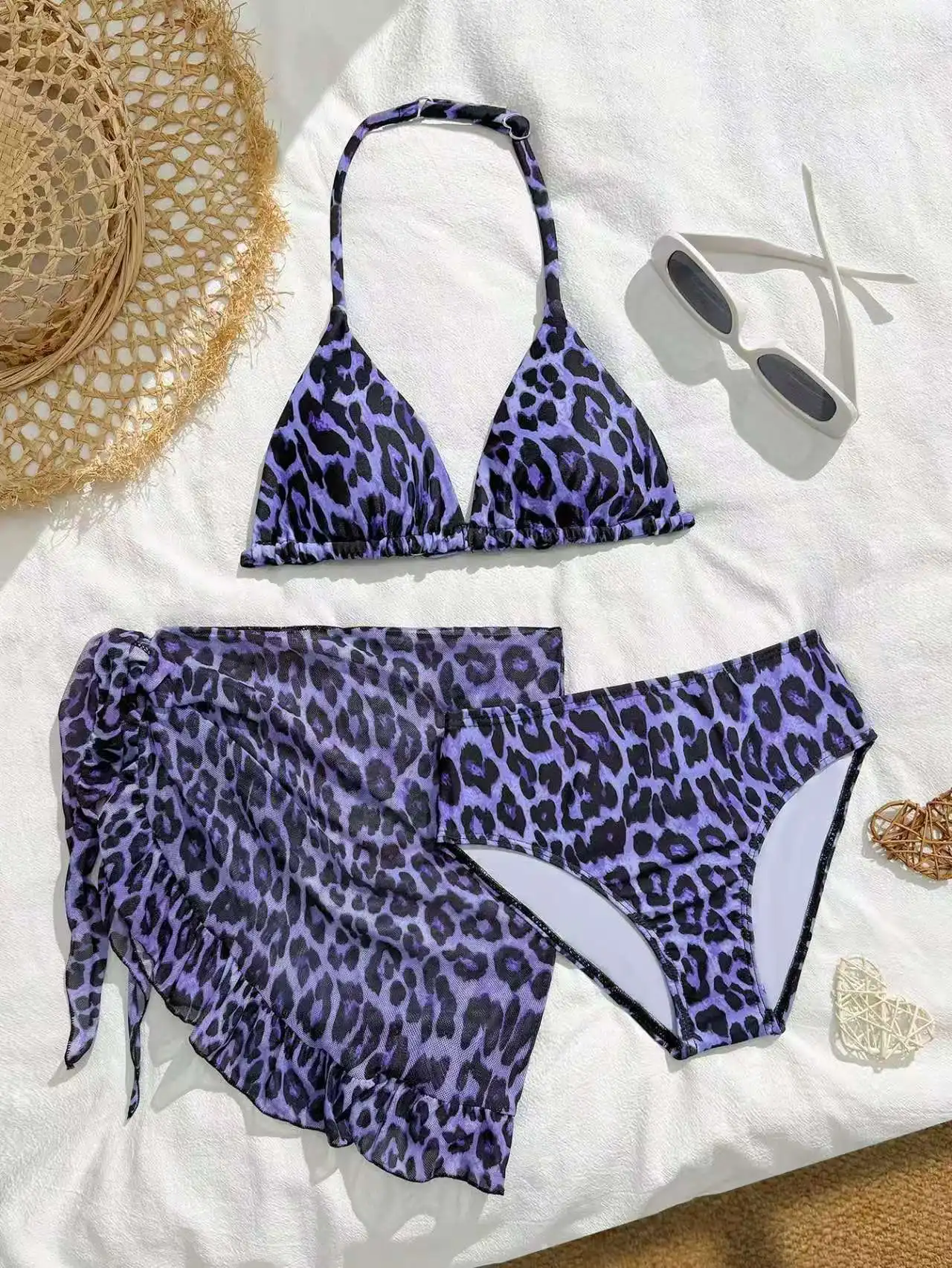 2026 Leopard Girls Swimsuit 3 Pieces Halter Triangle Bikinis Kids Swimwear Female Children's Bathing Swimming Swim Suit 8Y-12Y